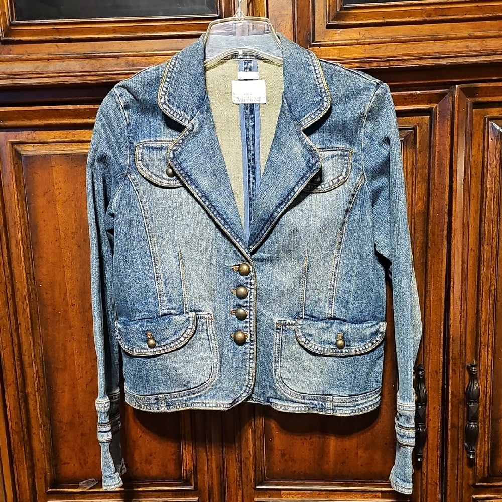 Mifresia Light Blue Distressed Denim Jacket with Gold Button, Trim & Stitching!